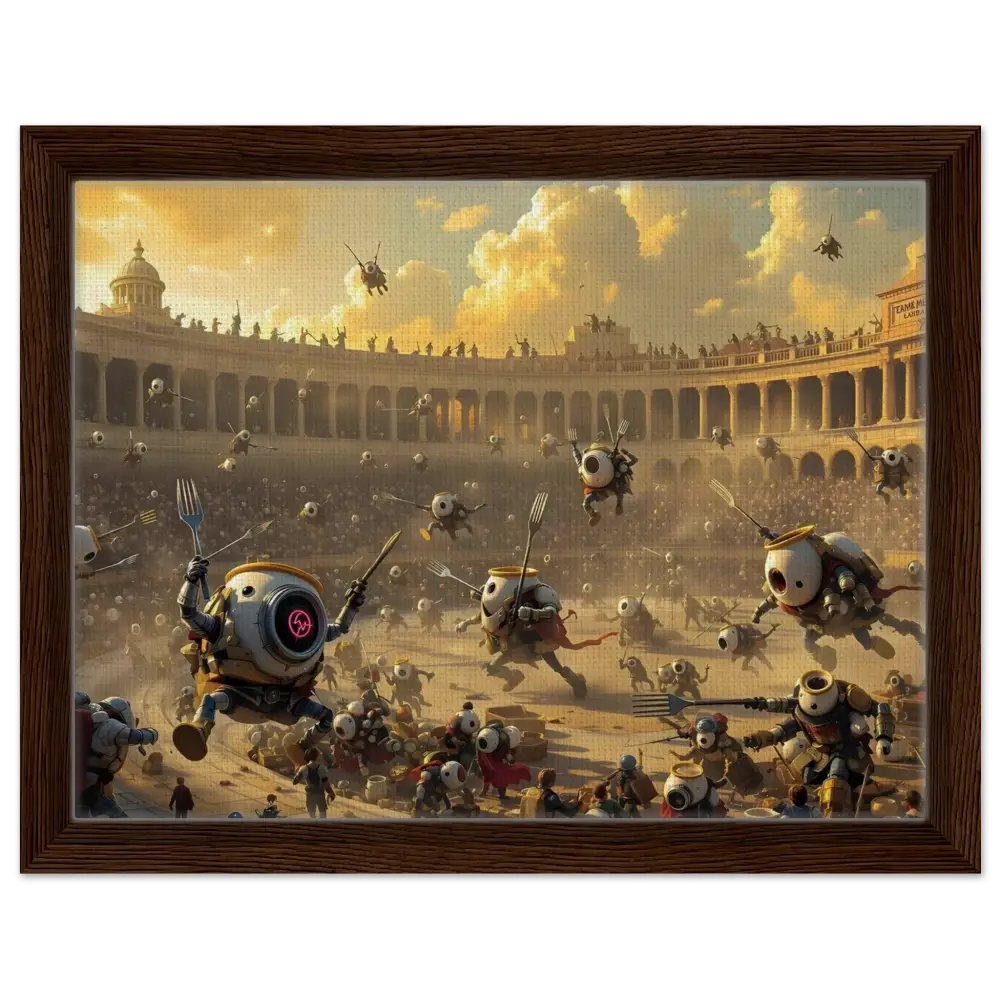 Framed Canvas showing Battle of the Breakfast Bots robot battle scene from PixiOnyx Coliseum Series