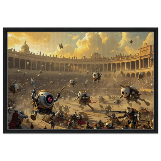 Robotic gladiatorial combat scene on framed canvas Battle of the Breakfast Bots PixiOnyx Coliseum Series