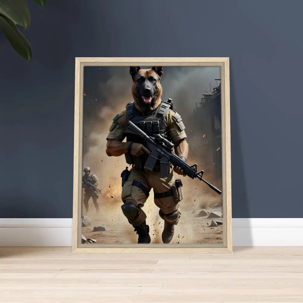 Framed anthropomorphic dog soldier artwork on canvas for PixiOnyx Urban Elite display