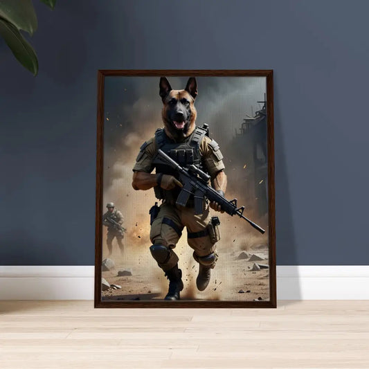 Framed Dog Soldier Art Canvas displayed in PixiOnyx Urban Elite Battlehound Vanguard product