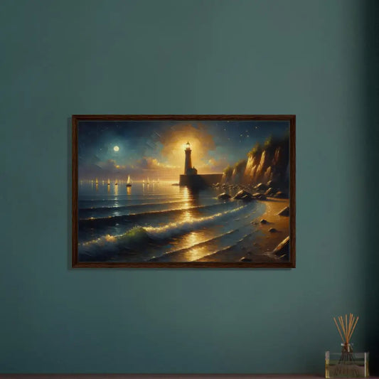 Framed lighthouse seascape painting displayed on PixiOnyx Painterly Seaside Statement canvas