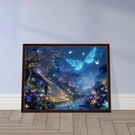 Framed fantasy landscape art titled Biolumina The Valley Beyond displayed in PixiOnyx Canvas