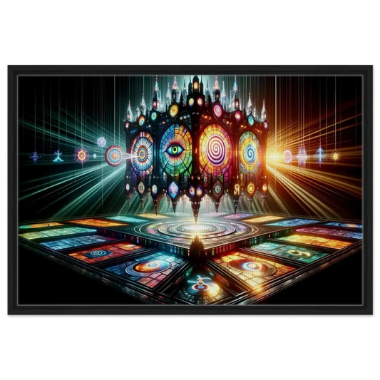 Ornate stained-glass structure on Framed Canvas Cathedral of the Mind’s Eye PixiOnyx