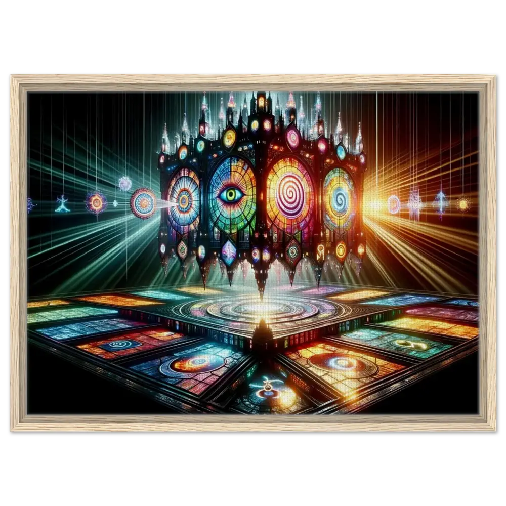 Framed psychedelic stained-glass structure in PixiOnyx Sacred Geometry Frame product