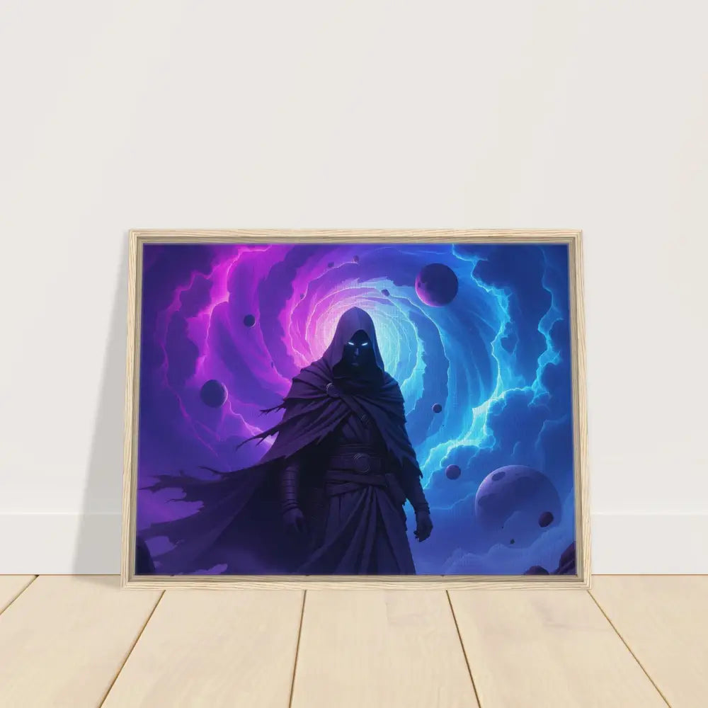 Framed Cosmic Sorcerer Wall Art Canvas featuring cloaked figure and Voidwalker’s Gate design