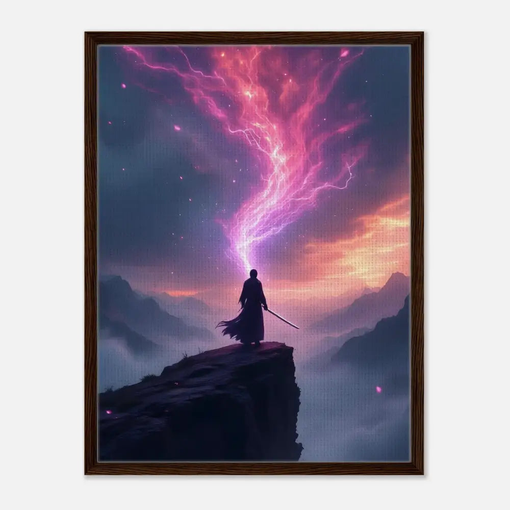 Framed fantasy art print titled Cosmic Cliff displayed in PixiOnyx Power Edge Canvas