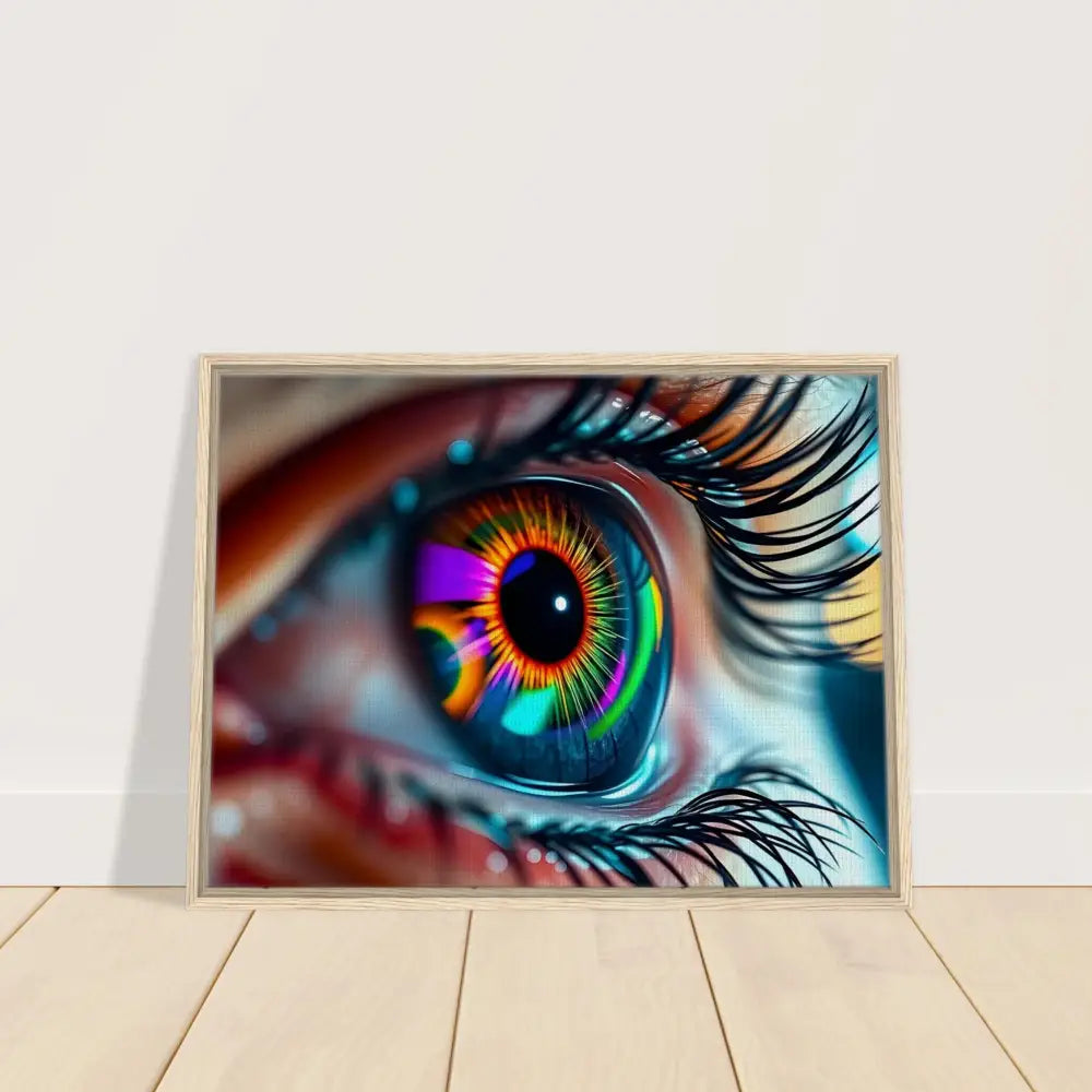 Framed rainbow eye art called Cosmic Iris on PixiOnyx Dreamscape Display Canvas