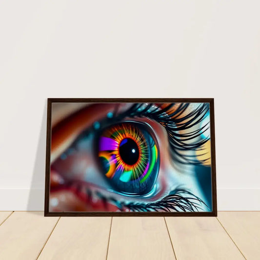 Framed rainbow eye art on canvas titled Cosmic Iris Portal of Vision by PixiOnyx
