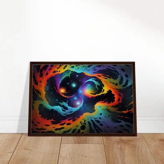 Framed colorful nebula artwork on display in PixiOnyx Cosmic Tides abstract canvas