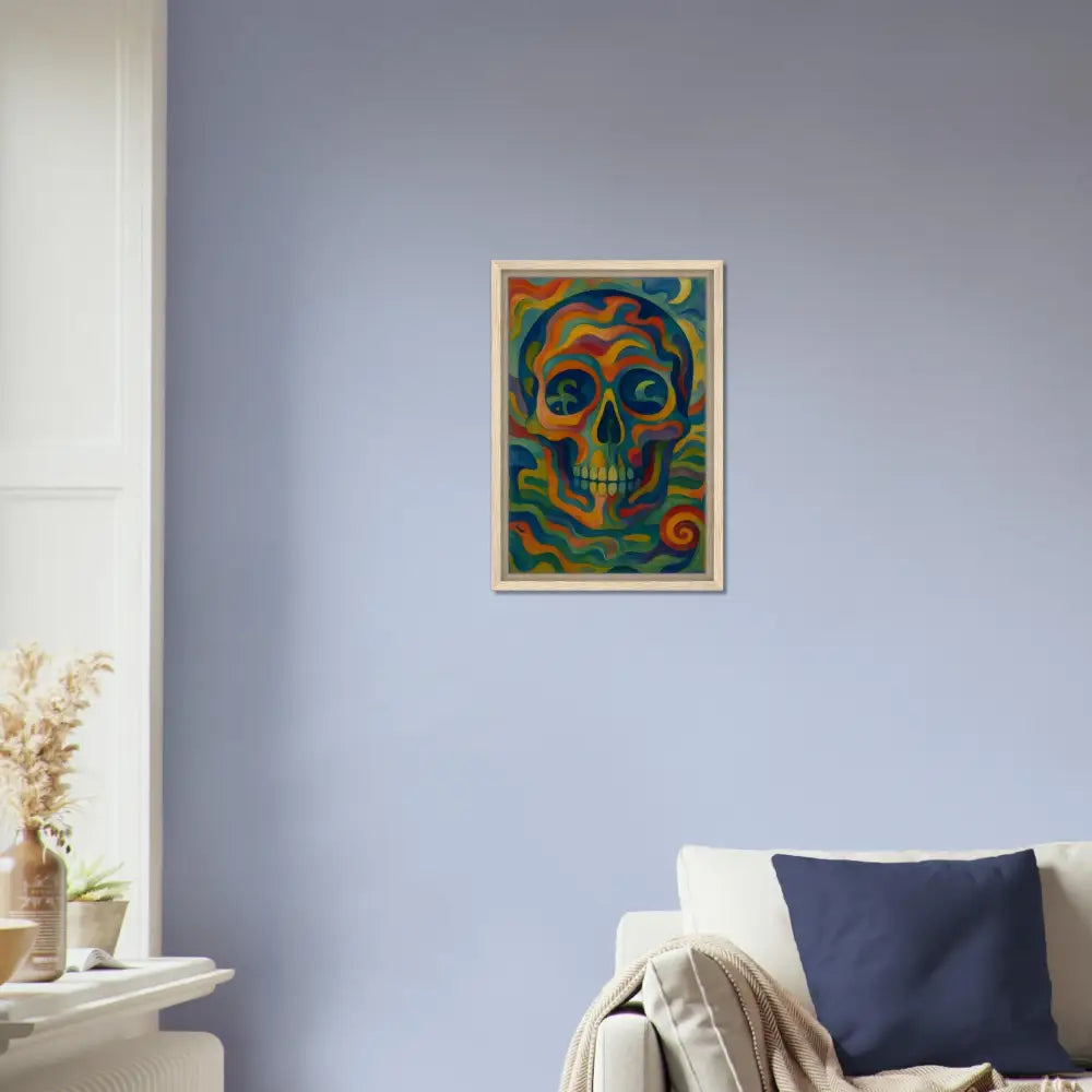 Framed colorful skull artwork on canvas in bold psychedelic wall display