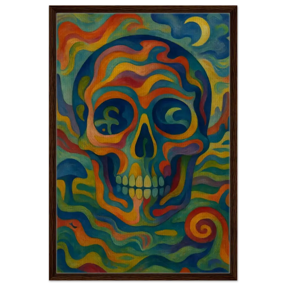 Colorful psychedelic skull painting on framed canvas in PixiOnyx Craniocolor wall art