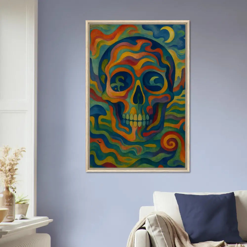 Colorful skull painting on framed canvas for bold psychedelic wall decor