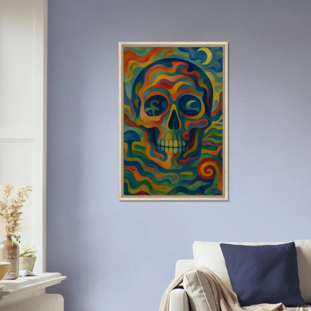 Colorful framed skull painting on bold wall display in PixiOnyx Craniocolor Canvas