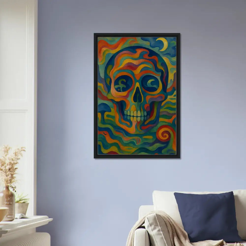 Colorful skull painting on framed canvas artwork for bold psychedelic wall decor