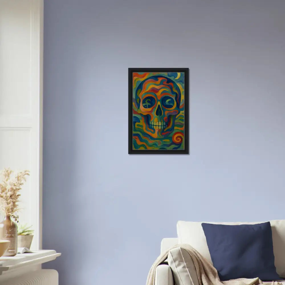 Framed colorful skull art on canvas for bold abstract psychedelic wall decor