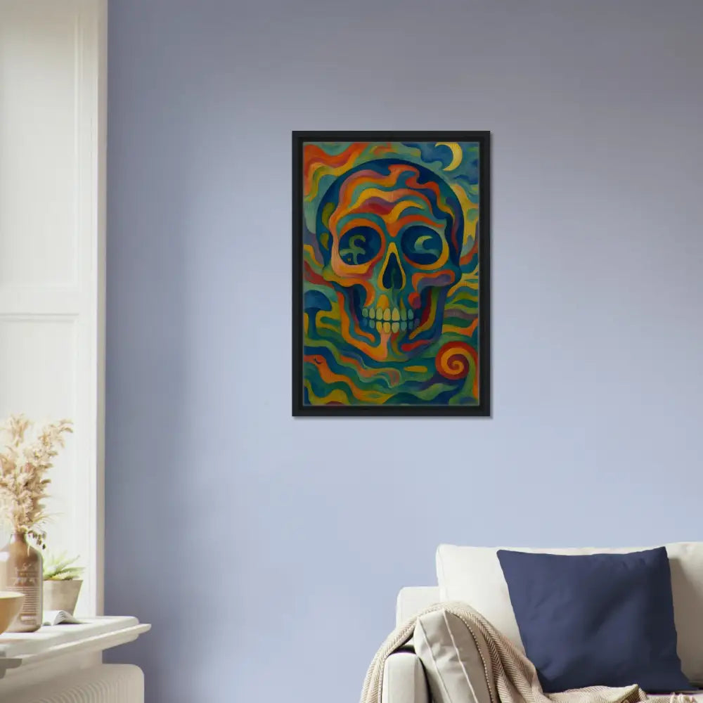 Framed psychedelic skull painting on bold wall display in Craniocolor Canvas by PixiOnyx