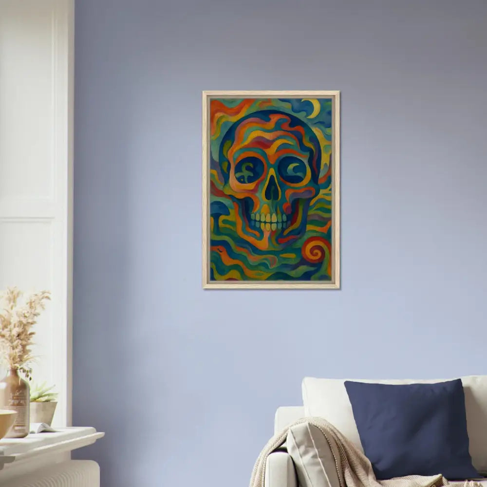Framed colorful skull artwork on bold wall display for modern psychedelic decor
