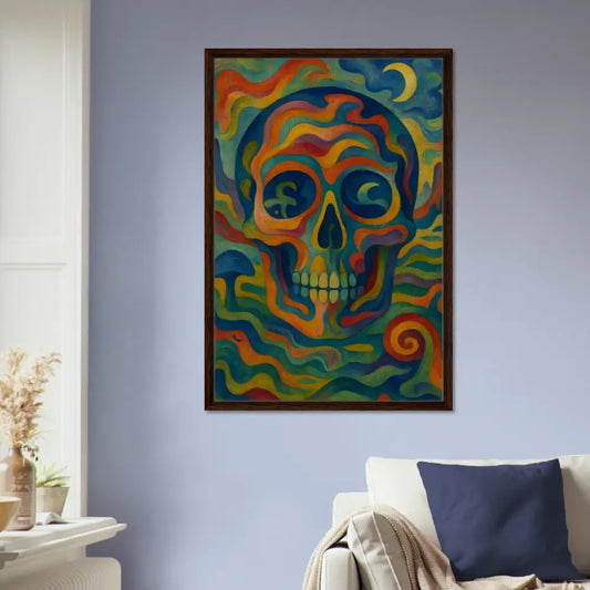 Colorful skull painting framed canvas displayed as bold psychedelic wall art