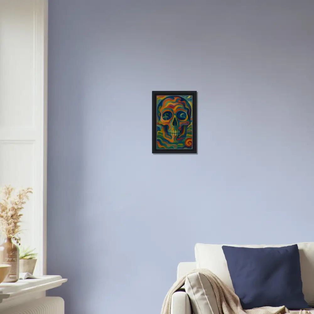 Framed colorful skull art displayed on bold wall canvas in Craniocolor PixiOnyx collection