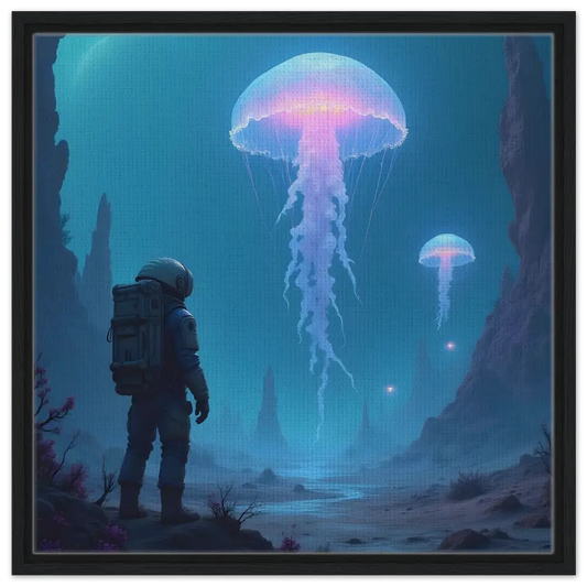 Framed astronaut gazing at giant jellyfish in a space-themed canvas artwork