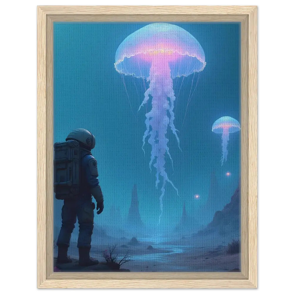 Framed astronaut and jellyfish artwork on canvas for Space Jellyfish First Contact display