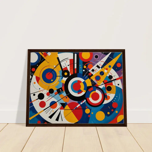 Framed abstract geometric painting from PixiOnyx displaying dynamic balance and vibrant shapes