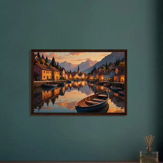 Framed landscape painting titled Evening Glow on the Water in PixarOnyx Gallery Twilight Frame