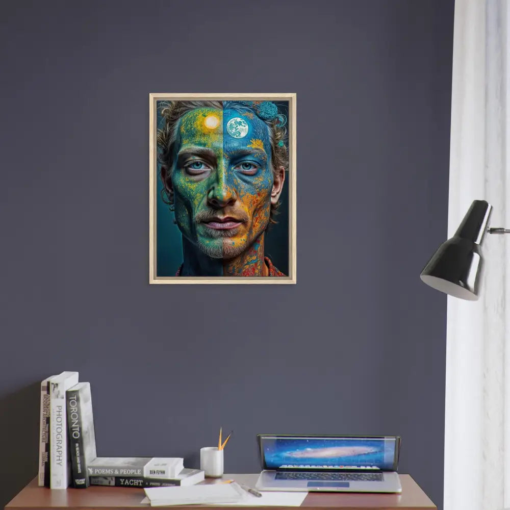 Framed surreal portrait of a man with sun and moon face paint in Floating Frame