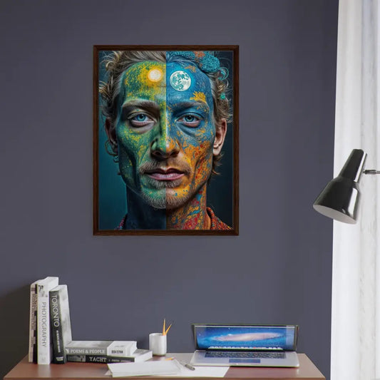 Framed Canvas Surreal Portrait of a Man with Sun and Moon Face Paint in Floating Frame