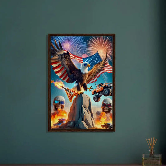 Framed patriotic artwork featuring American flags and national symbols in a stylish display