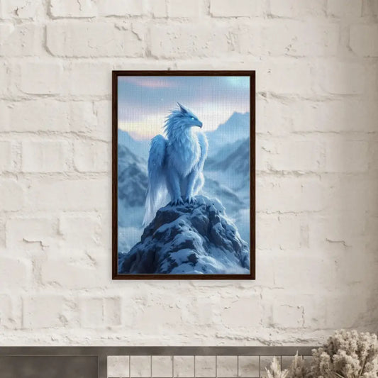 Framed fantasy art print of Frostpeak Gryphon displayed in PixiOnyx Canvas frame