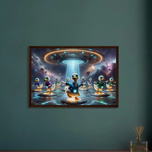 Framed alien duck artwork on canvas from PixiOnyx Galactic Dance Crew display