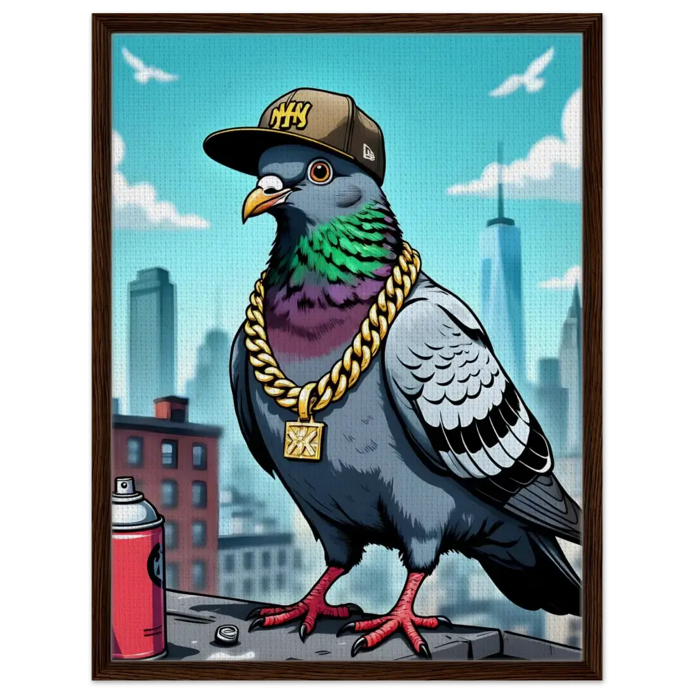 Cartoon pigeon with a hat and gold chain on a PixiOnyx Skyline street scene canvas