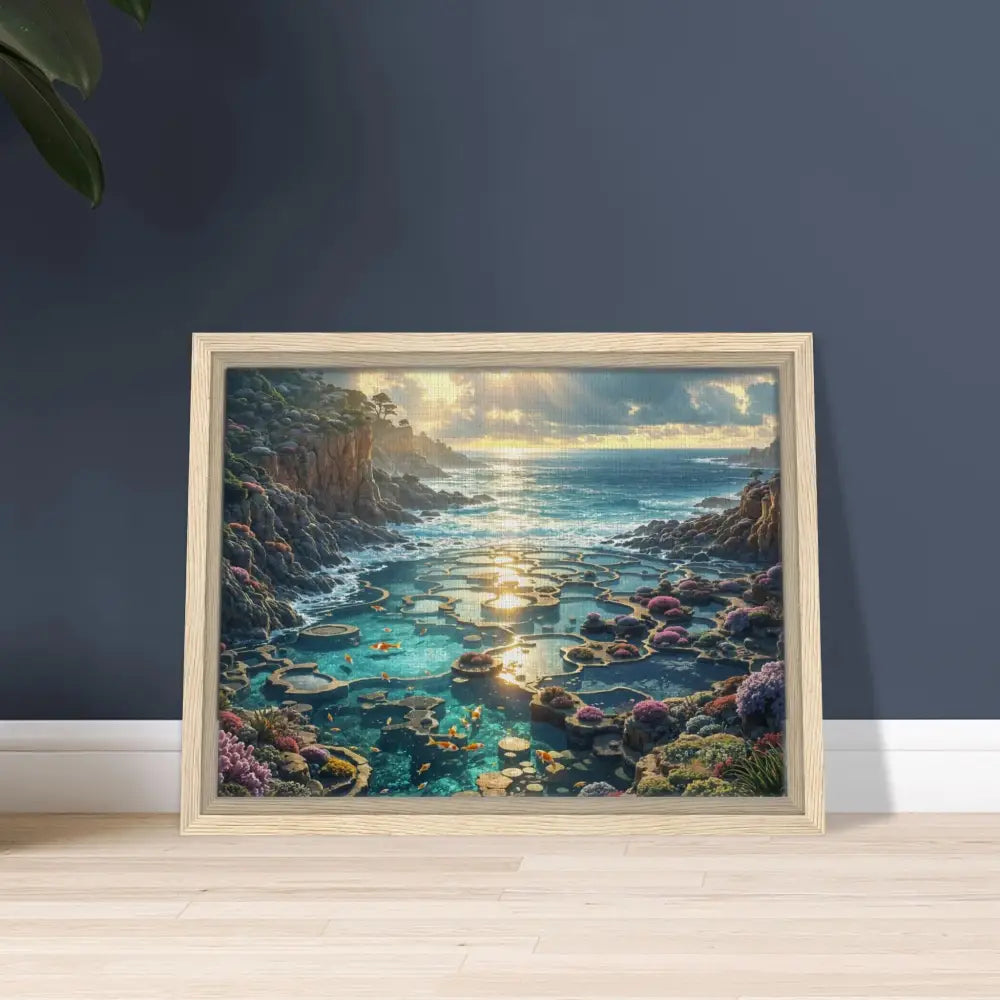 Framed coastal landscape art in PixiOnyx Luxe Tideframe Edition canvas
