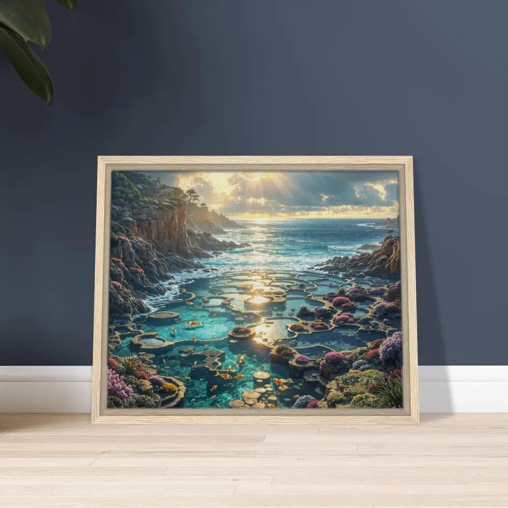 Framed coastal landscape painting from PixiOnyx Luxe Tideframe Edition displayed in product