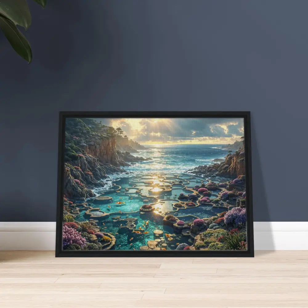 Framed coastal landscape artwork from PixiOnyx Luxe Tideframe Edition Canvas Garden of the Tides