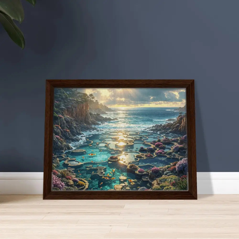 Framed coastal landscape art from PixiOnyx Luxe Tideframe Edition displayed on wall