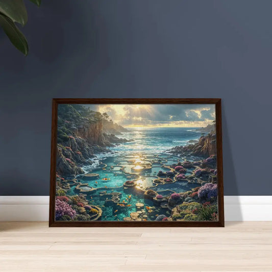 Framed coastal landscape art from PixiOnyx Luxe Tideframe Edition displayed on a wall