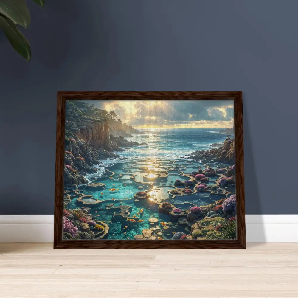 Framed coastal landscape art from PixiOnyx Luxe Tideframe Edition Canvas displaying a serene seaside view