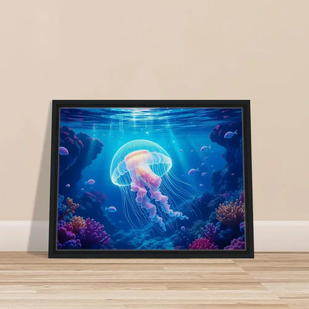 Framed jellyfish artwork from PixiOnyx Ocean Reverie Glowing Wanderer Canvas display
