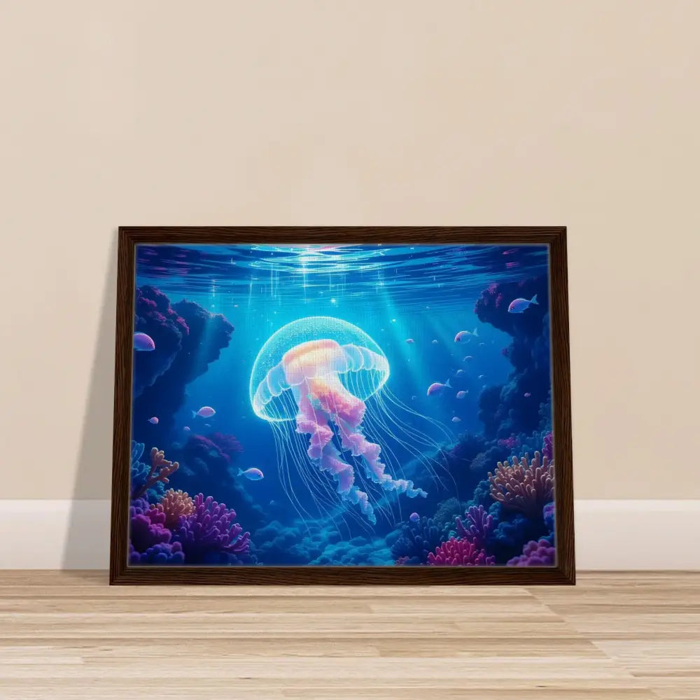 Framed Jellyfish Artwork from PixiOnyx Ocean Reverie Glowing Wanderer Canvas