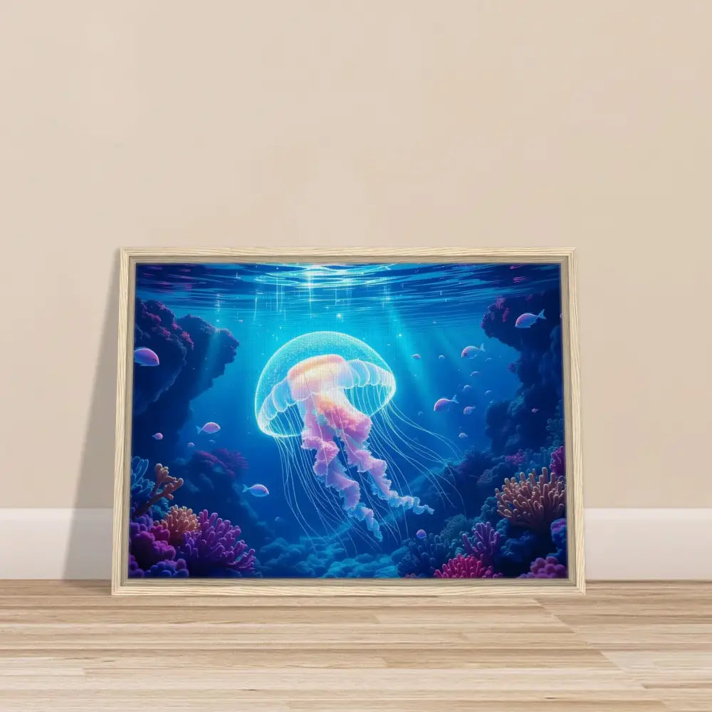 Framed jellyfish artwork from Glowing Wanderer Cosmic Drift PixiOnyx Ocean Reverie collection