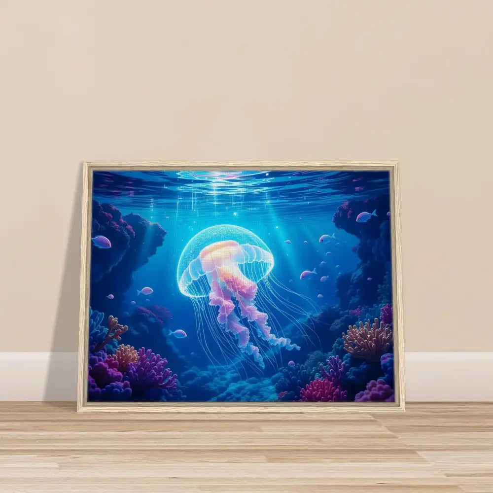 Framed jellyfish artwork from Glowing Wanderer Cosmic Drift by PixiOnyx Ocean Reverie