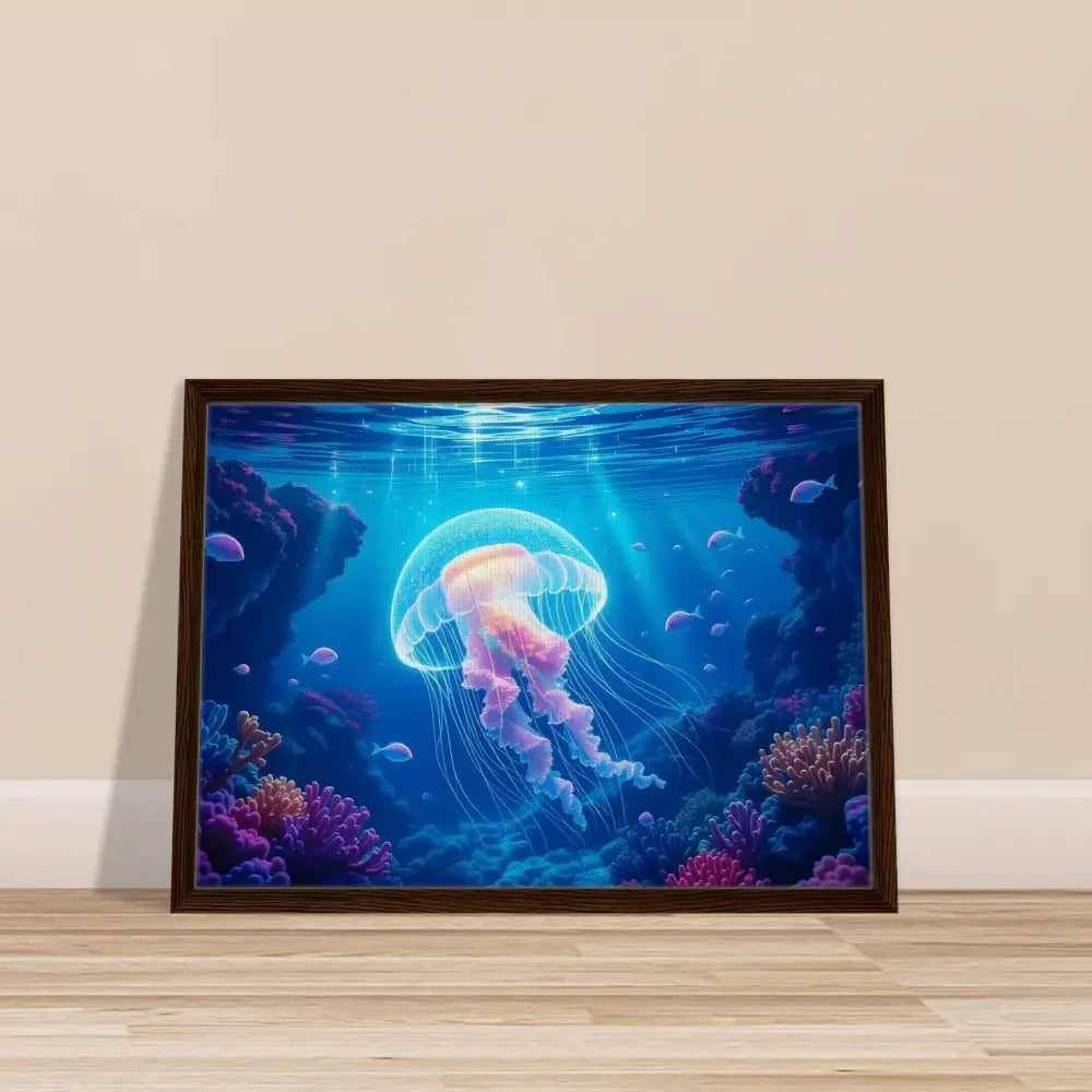 Framed Jellyfish Artwork displayed in Framed Canvas Glowing Wanderer Cosmic Drift PixiOnyx Ocean Reverie