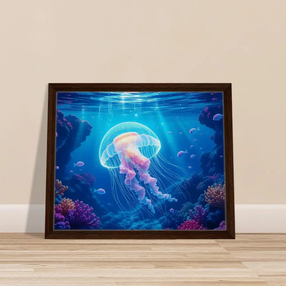 Framed jellyfish artwork from Glowing Wanderer Cosmic Drift Canvas by PixiOnyx Ocean Reverie