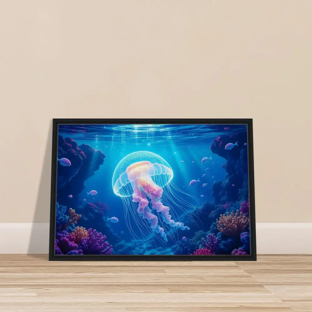 Framed Jellyfish Artwork from PixiOnyx Ocean Reverie titled Glowing Wanderer Cosmic Drift