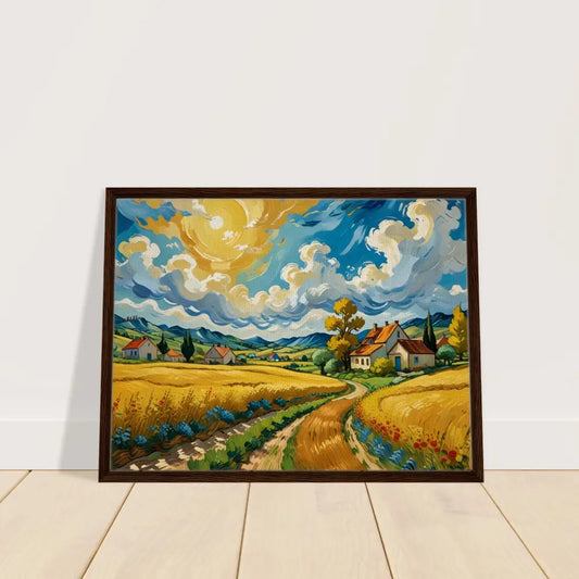 Framed landscape painting titled Golden Fields Reverie on PixiOnyx Pastoral Dreamscape canvas