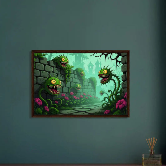 Framed cartoon monster plant artwork on canvas in creative surreal fantasy style