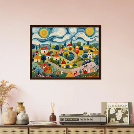 Framed village scene painting on PixiOnyx Gallery-Grade Charm canvas
