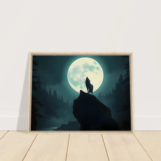 Framed wolf howling at moon artwork on PixiOnyx Lunar Reverie canvas